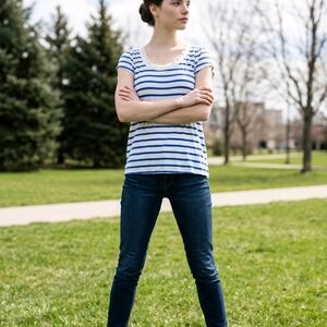 Anthropologie Bordeaux Blue Striped Chiffon Open Back Mixed Media Tee S